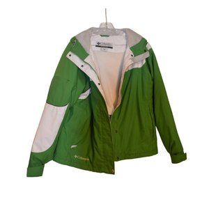 Columbia Sportswear Company Green White Hood Rain Jacket Fleece Lining  Women XL